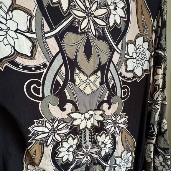 Hale Bob Black Floral Print Bell Sleeve Mini Swing Dress 70s Retro White Brown - Picture 5 of 7